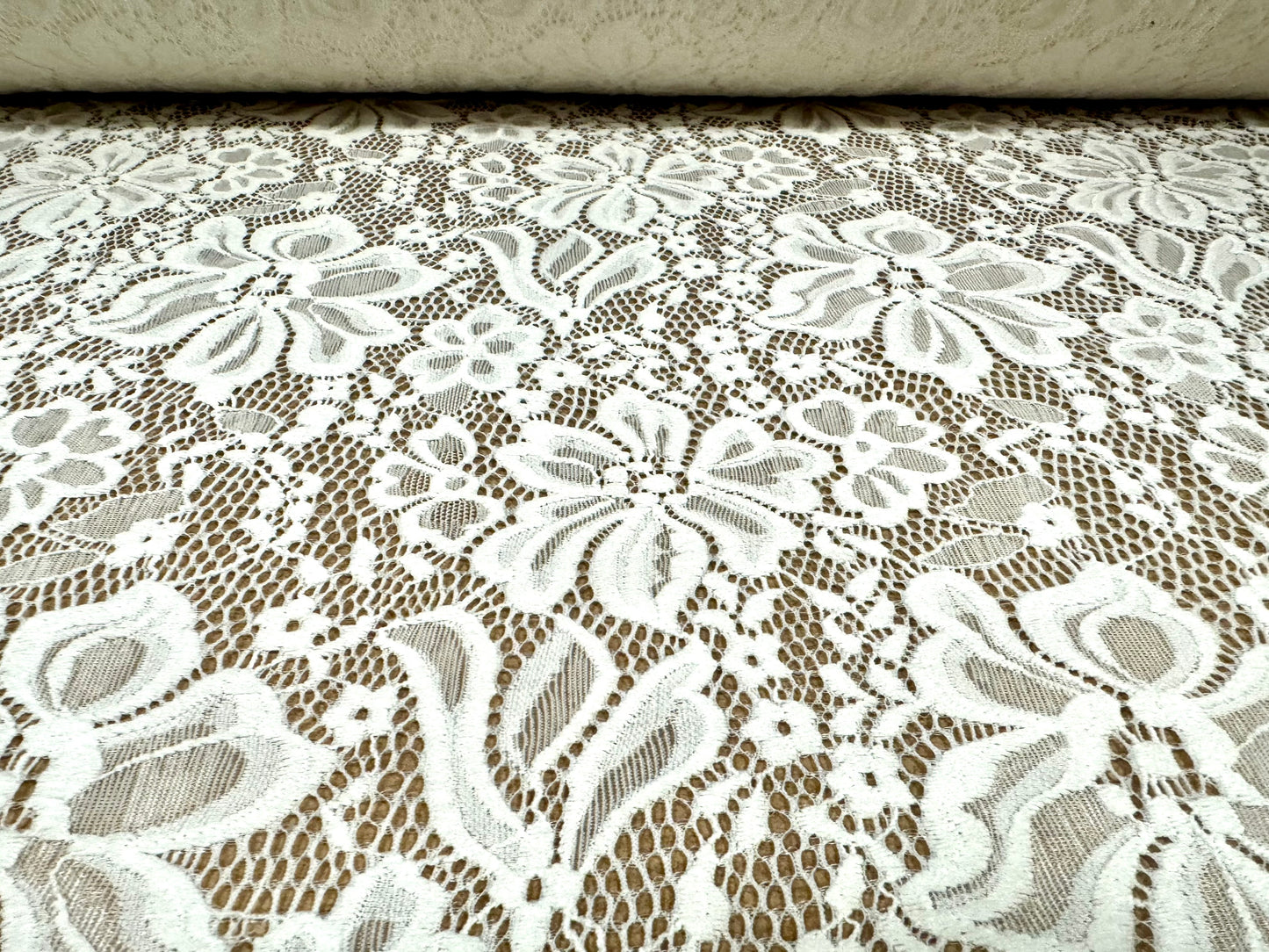 Soft stretch lace dress fabric, per metre - scalloped selvedge - floral - cream