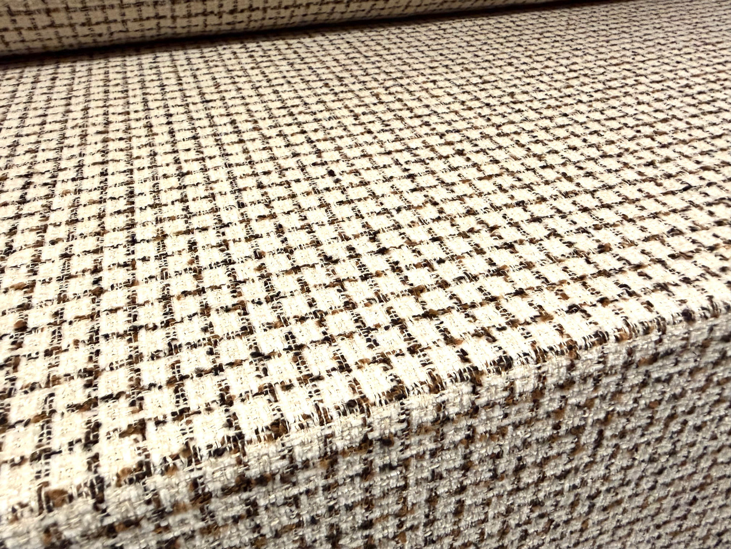 Wool bouclé fabric, per metre - grid check - brown & cream