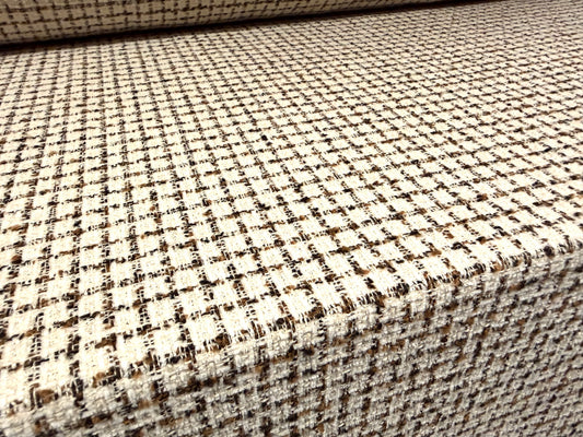 Wool bouclé fabric, per metre - grid check - brown & cream