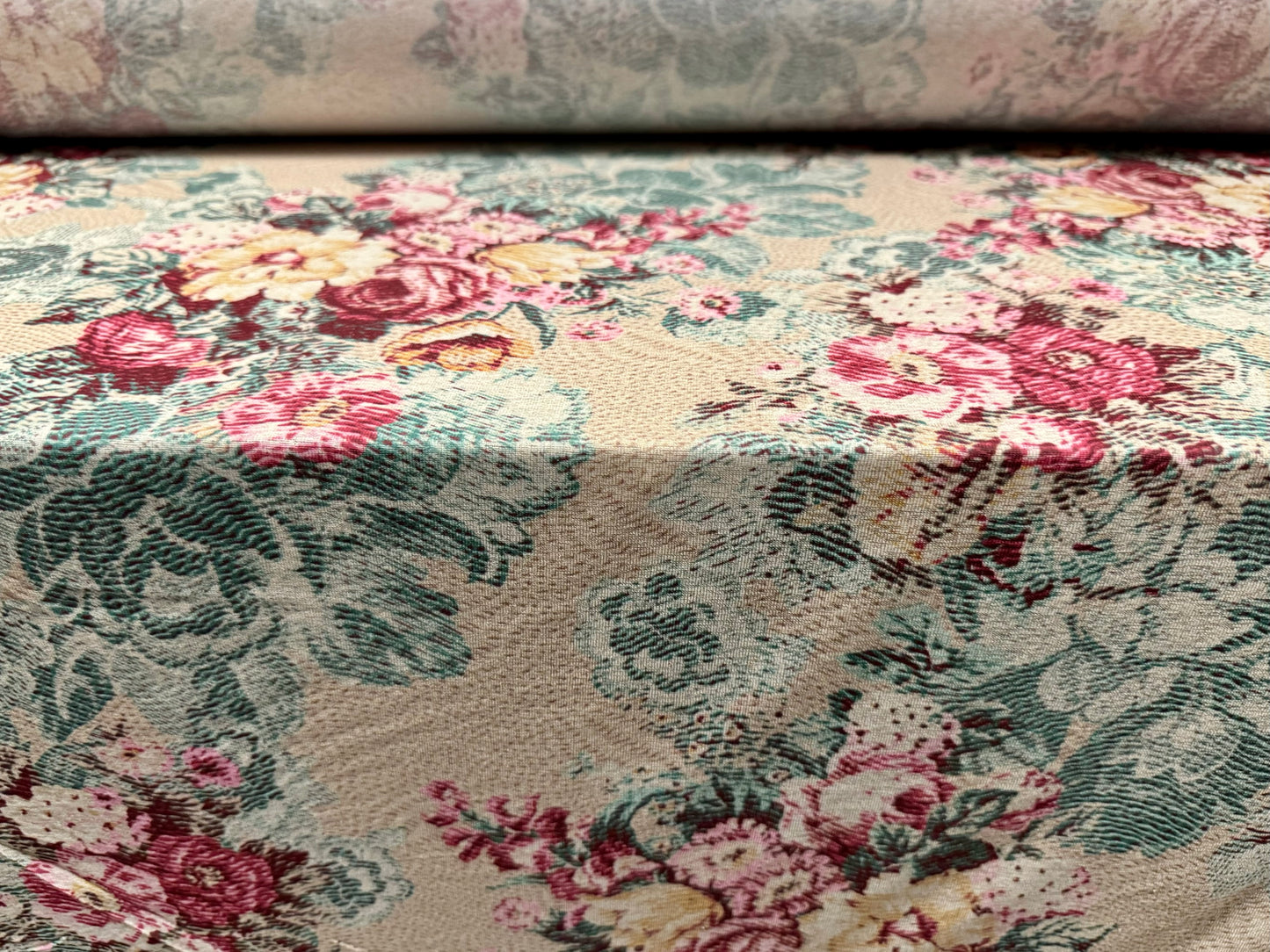 Thick & thin stretch spandex single jersey fashion fabric, per metre - roses print - cream pink &jade