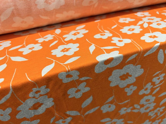 Viscose spandex stretch single jersey fabric, per metre - flower print - orange