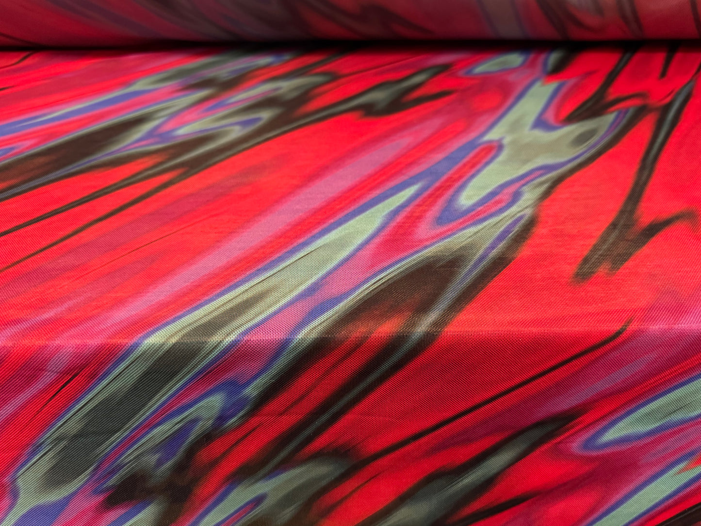 Power mesh net stretch spandex fabric, per metre - retro splash print - red & jade