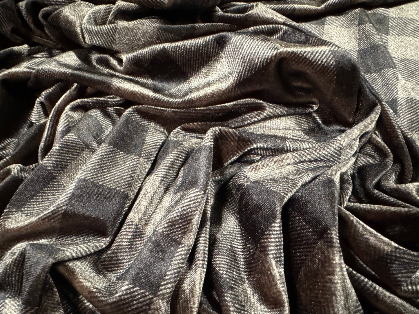 Spandex velvet stretch dress fabric, per mere - Buffalo check print - stone & charcoal