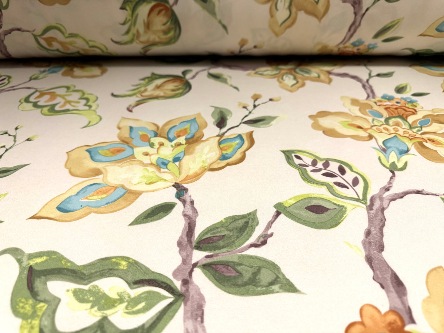 Scuba stretch spandex double jersey fabric, per metre - rambling rose print -cream
