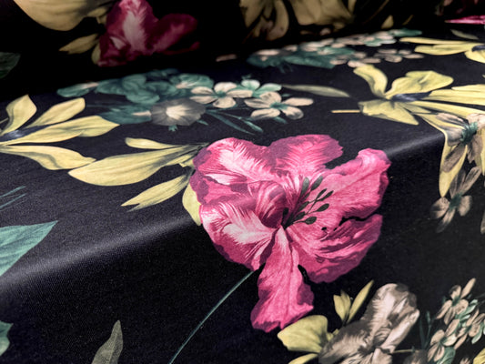 Piqué double jersey fabric, per metre - lily flower print - black fuchsia & beige