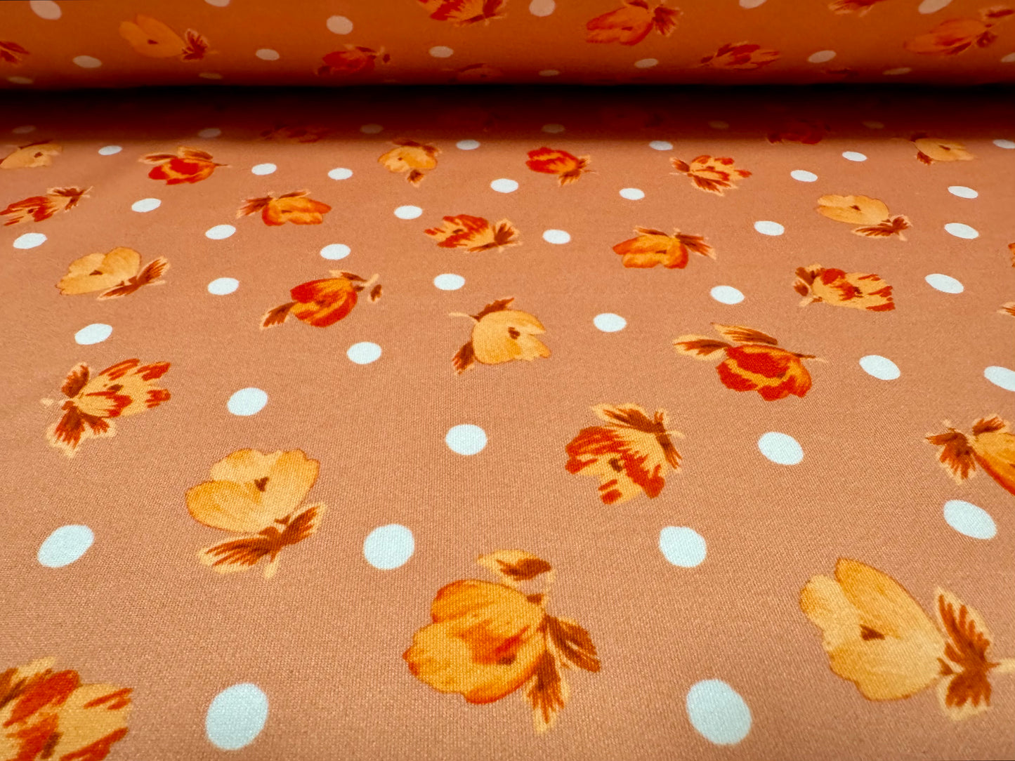 Scuba stretch spandex double jersey dress fabric, per metre - rose buds and polka dots print - dirty peach