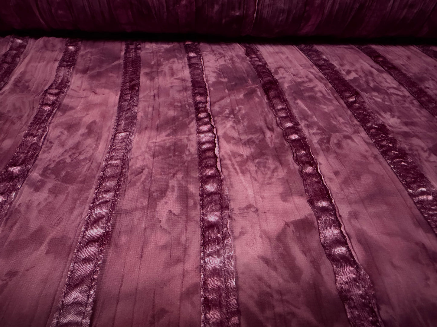 Crinkle chiffon woven dress fabric, per metre - satin stripe appliqué - magenta