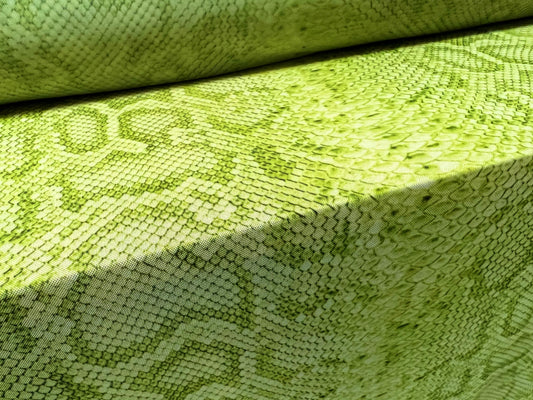 Power mesh net sheer stretch spandex fabric, per metre - snakeskin animal print - lime & green