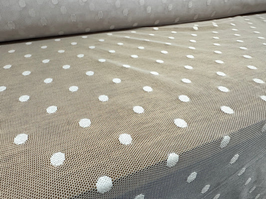 Stretch spandex mesh net fabric, per metre - polka dot - white on white