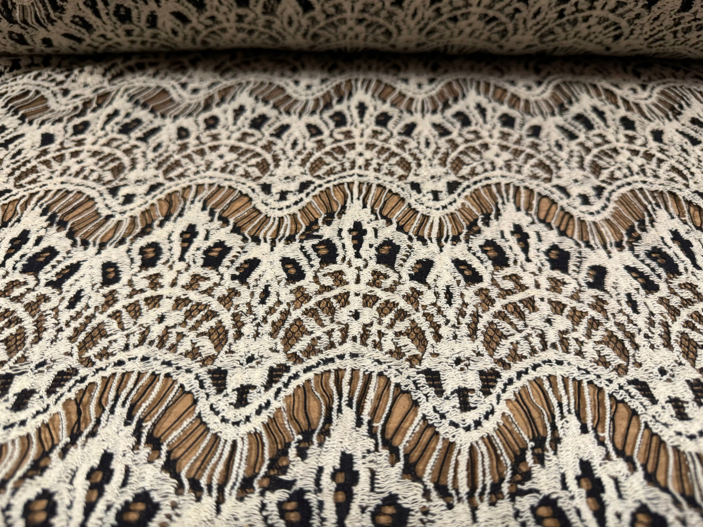 Lace dress fabric, per metre - scalloped frill - black & cream