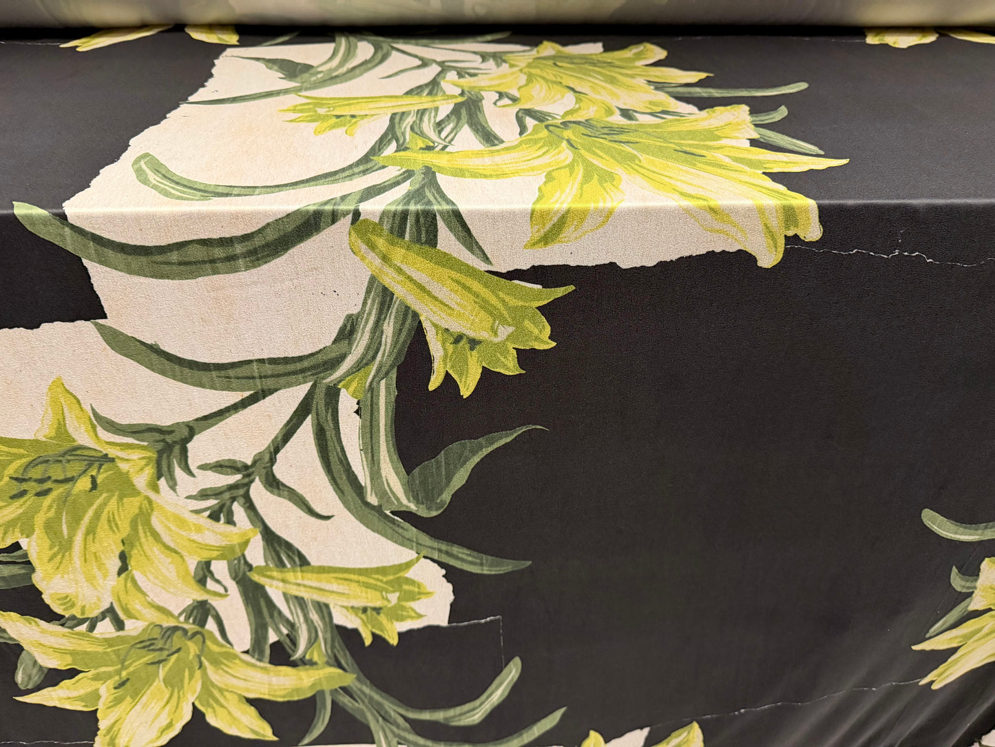 Super soft stretch single jersey fabric, per metre - lily floral print - black cream & green