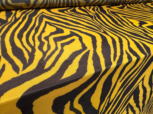 Power mesh net stretch spandex fabric, per metre - zebra animal print - yellow