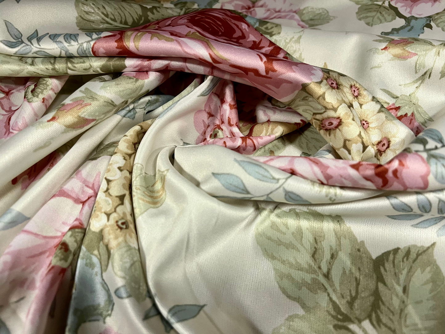 Sateen single jersey fabric, per metre - rose flower print - pale green