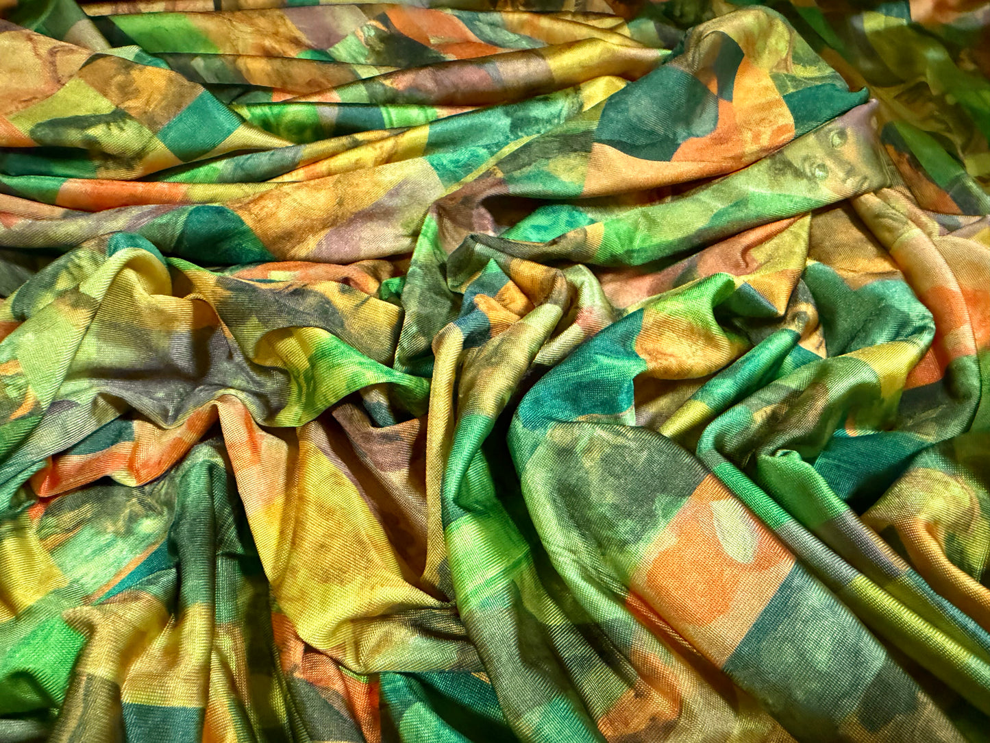 Stretch spandex jersey fabric, per metre - Renaissance Portraits print - green & gold
