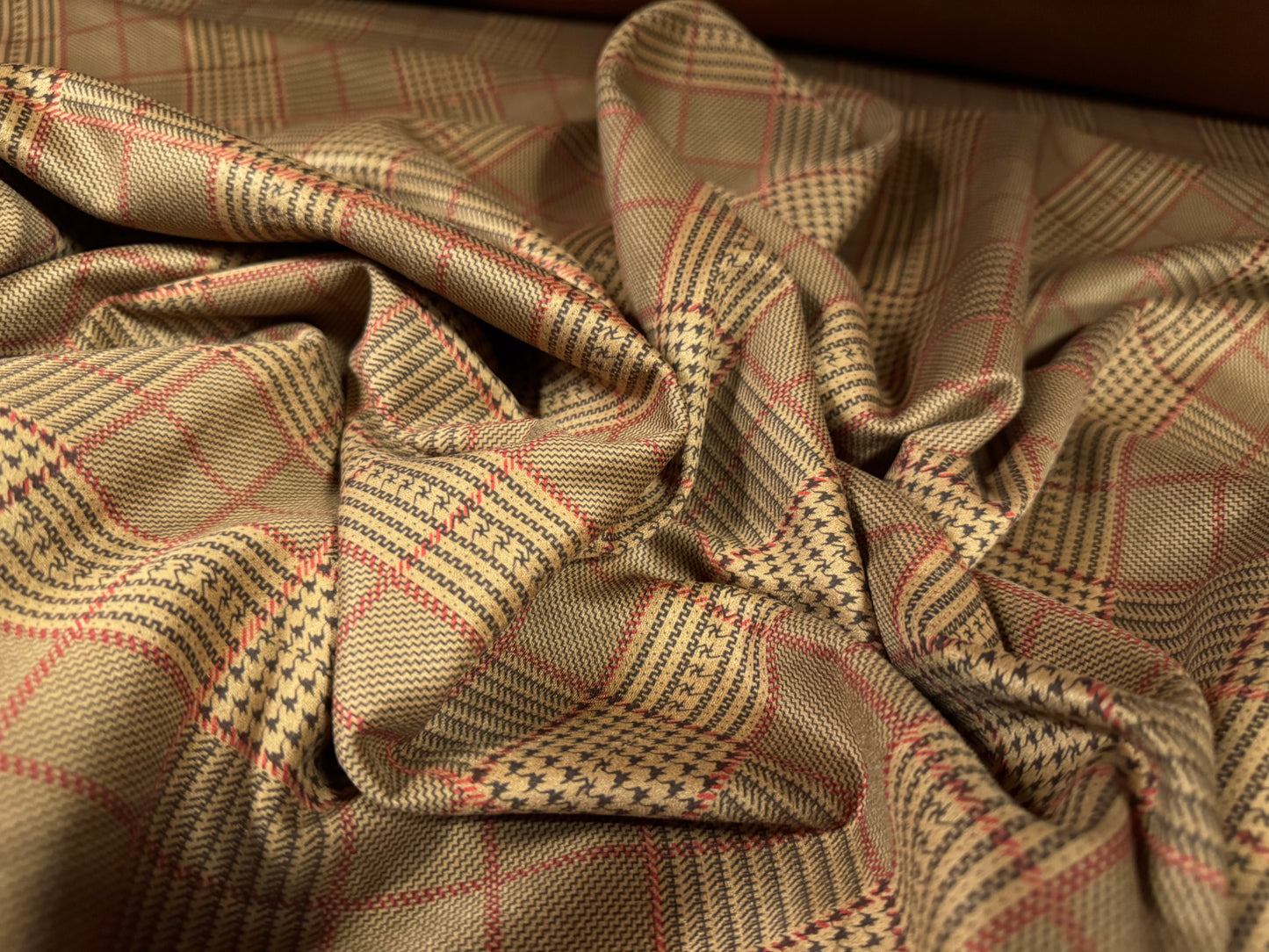 Scuba suede stretch spandex double jersey fabric, per metre - Prince of Wales check - toffee