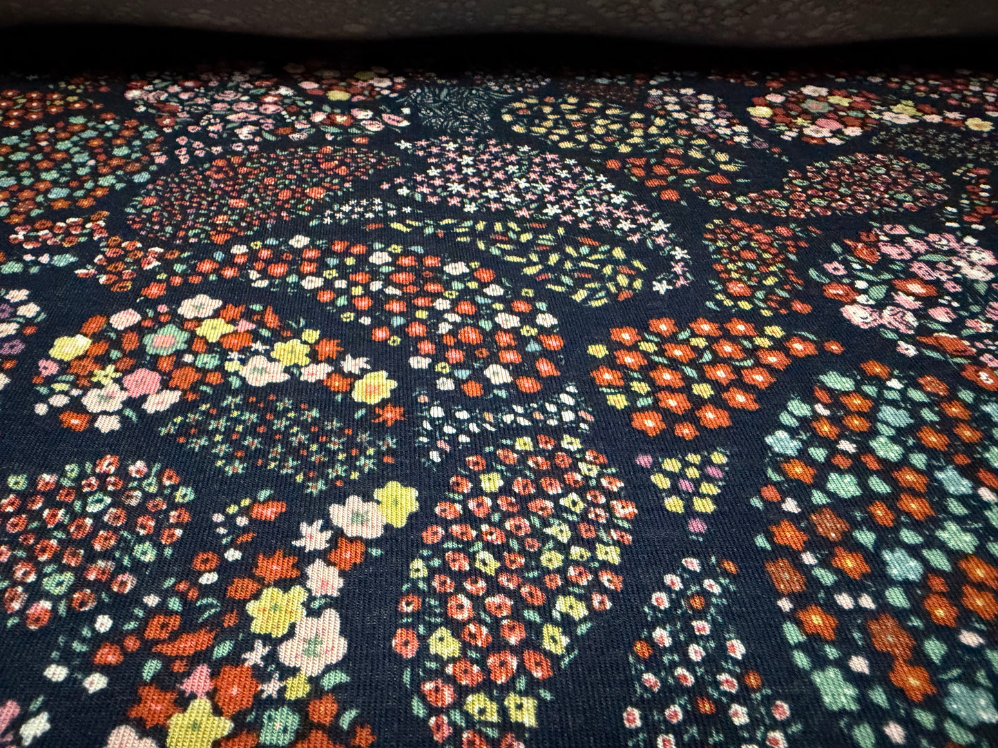 Viscose spandex stretch single jersey fabric, per metre - ditsy paisley print - navy & pink