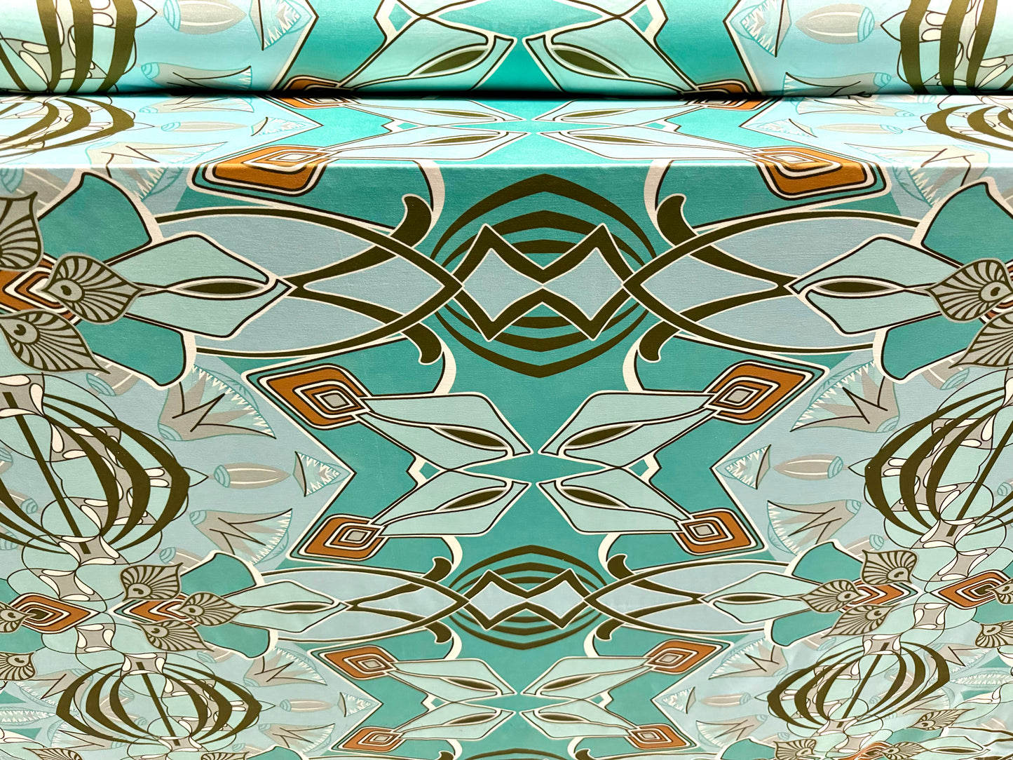 Soft touch stretch spandex single jersey fabric, per metre - retro 60s abstract print - turquoise