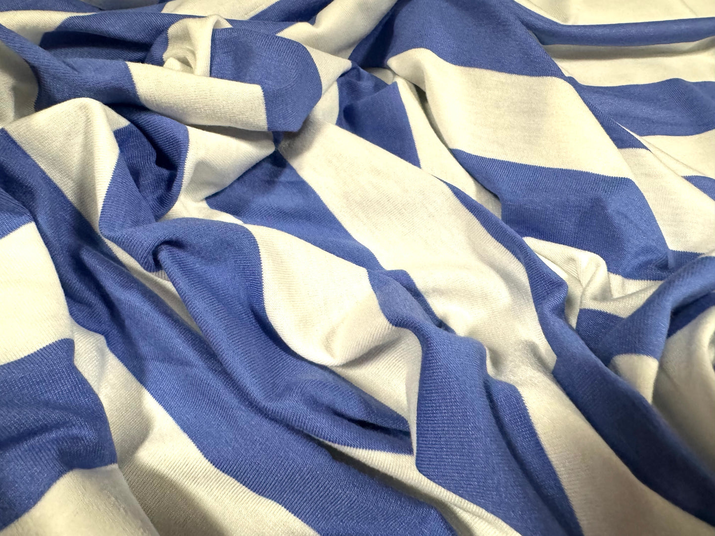 Viscose spandex stretch single jersey fabric, per metre - stripe - coastal blue & white