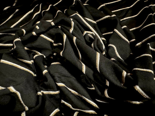 Metallic viscose spandex stretch single jersey fabric, per metre - stripe - black & cream with gold lurex