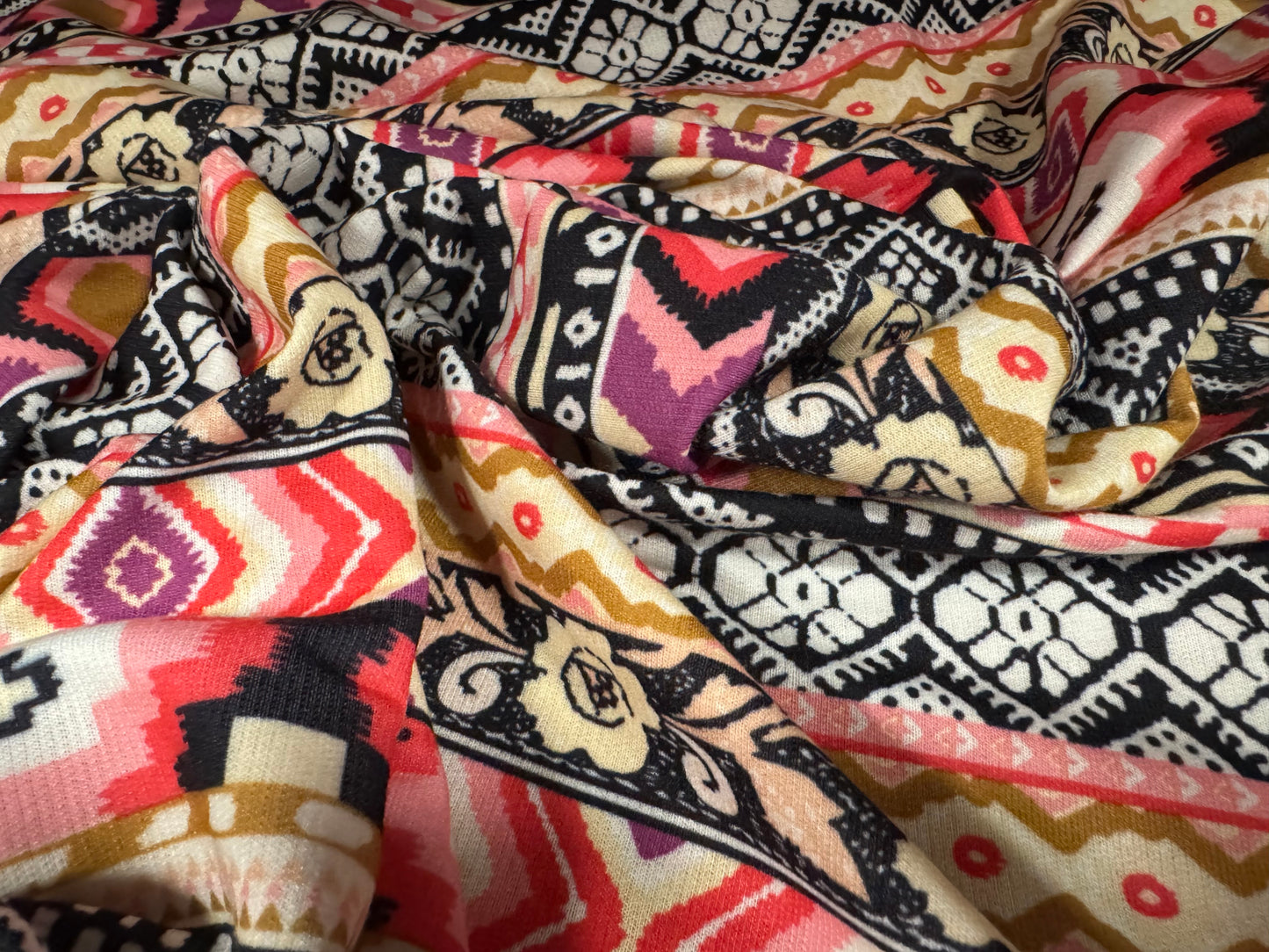 French Terry loopback sweatshirt jersey fabric, per metre - Gaucho stripe print - black cream & pink