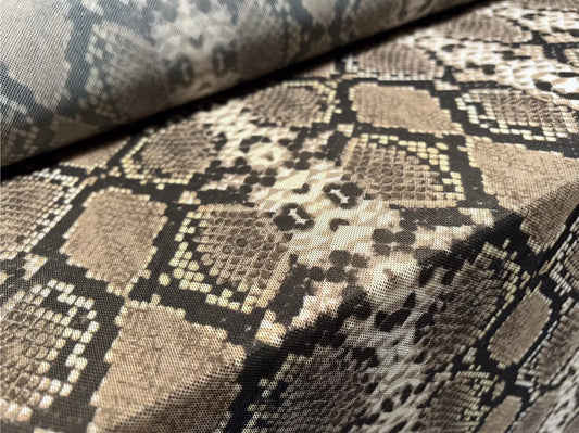 Power mesh net stretch spandex fabric, per metre - snakeskin animal print - khaki drab