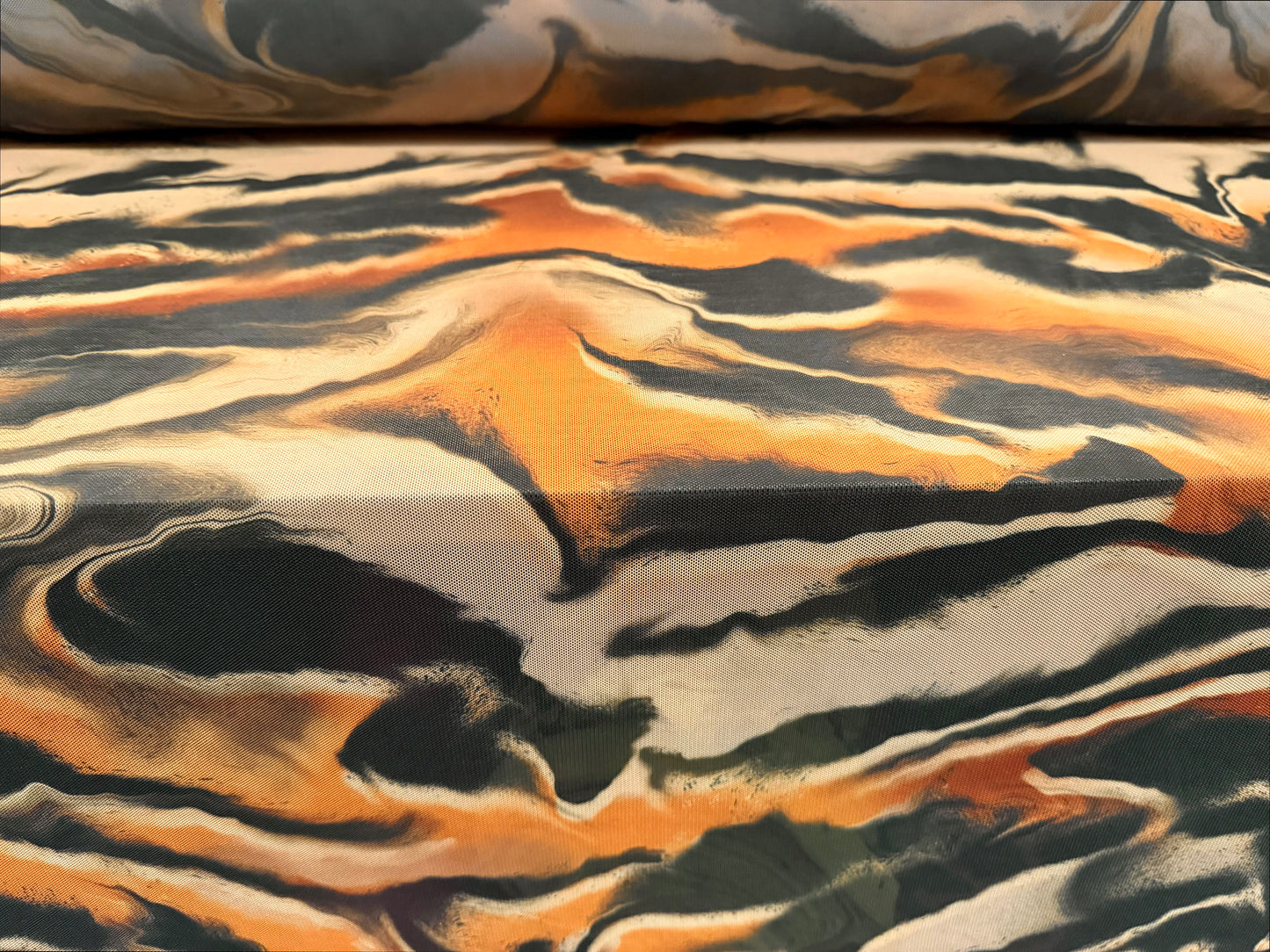 Power mesh net stretch spandex fabric, per metre - abstract tiger print - caramel & beige
