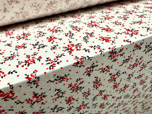 Viscose spandex stretch single jersey fabric, per metre - small flower ditsy print - white red & black