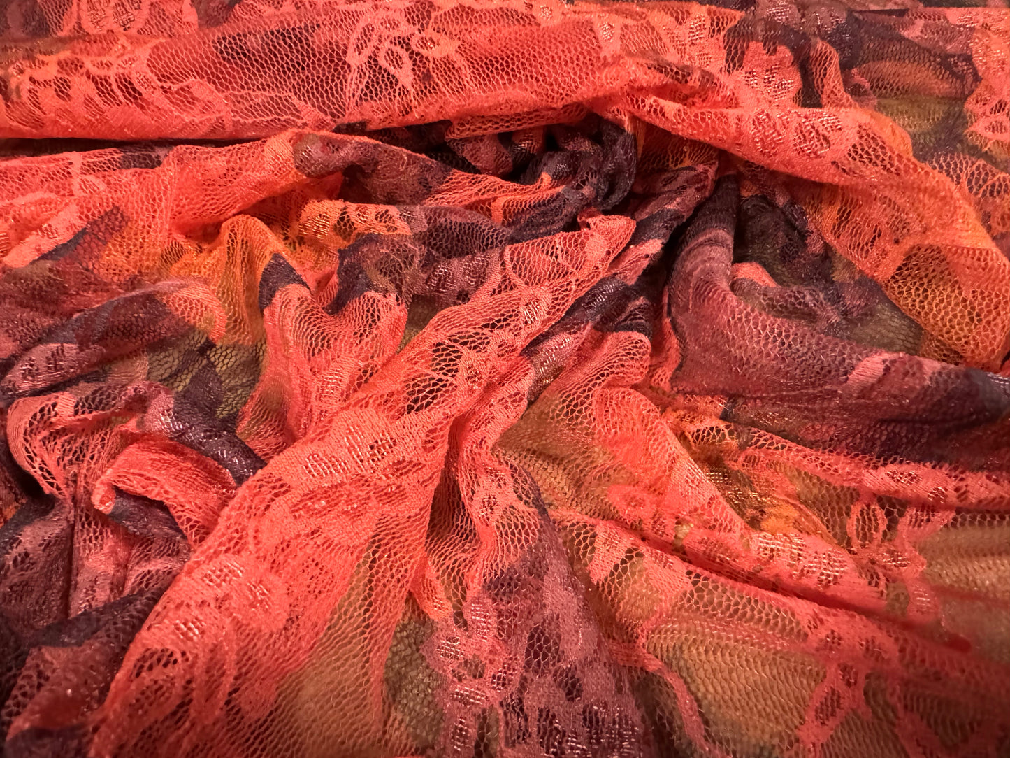 Stretch spandex mesh lace fabric, per metre - leaf print - coral & grey