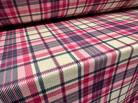 Double jersey upholstery fabric, per metre - tartan check print - pink & navy