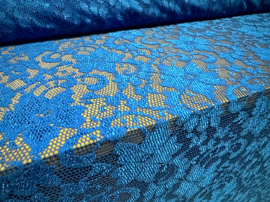 Stretch spandex lace dress fabric with scalloped selvedge, per metre - floral - cobalt blue