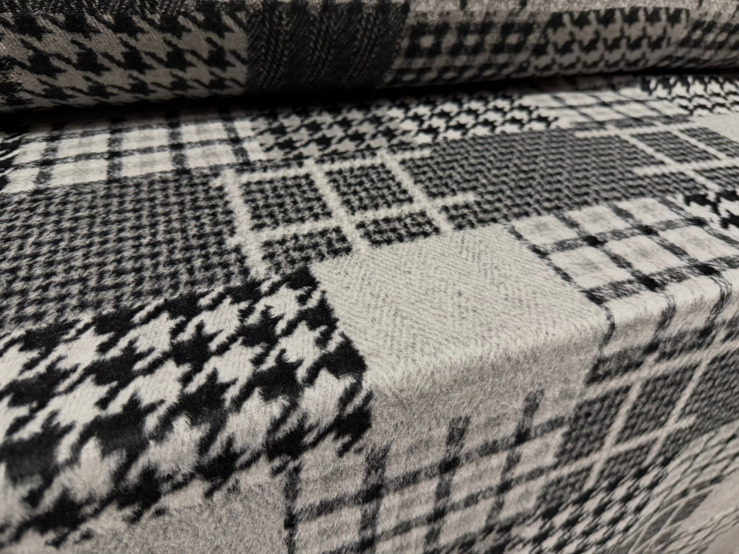 Heavyweight wool flannel coat jacket fabric, per metre - patchwork jacquard - grey & black