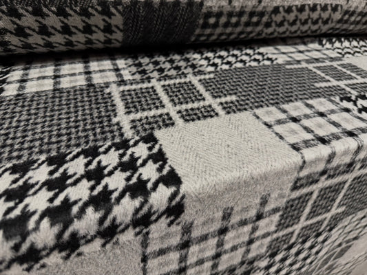 Heavyweight wool flannel coat jacket fabric, per metre - patchwork jacquard - grey & black