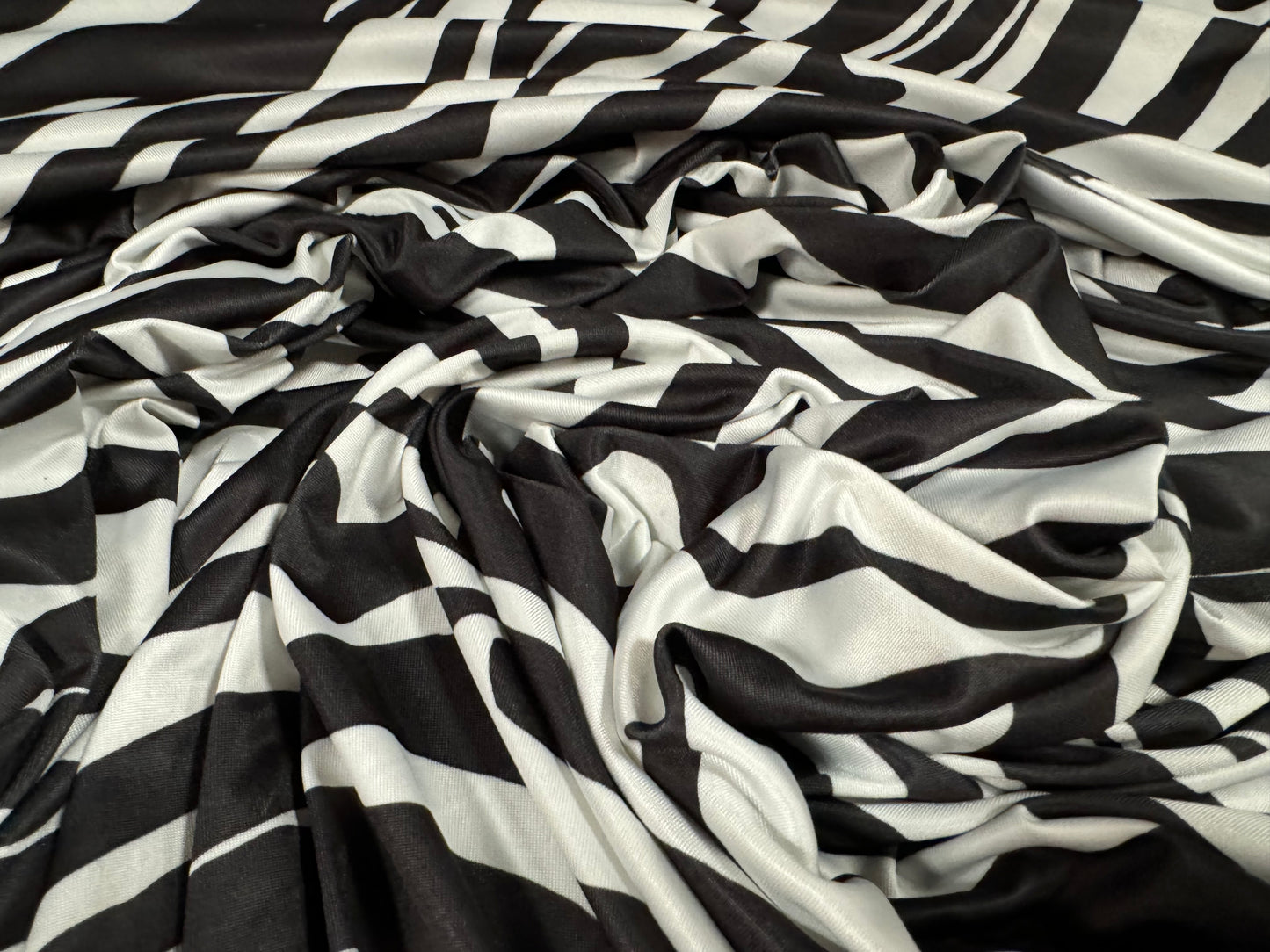 Soft touch stretch spandex single jersey fabric, per metre - zebra animal print - black & white