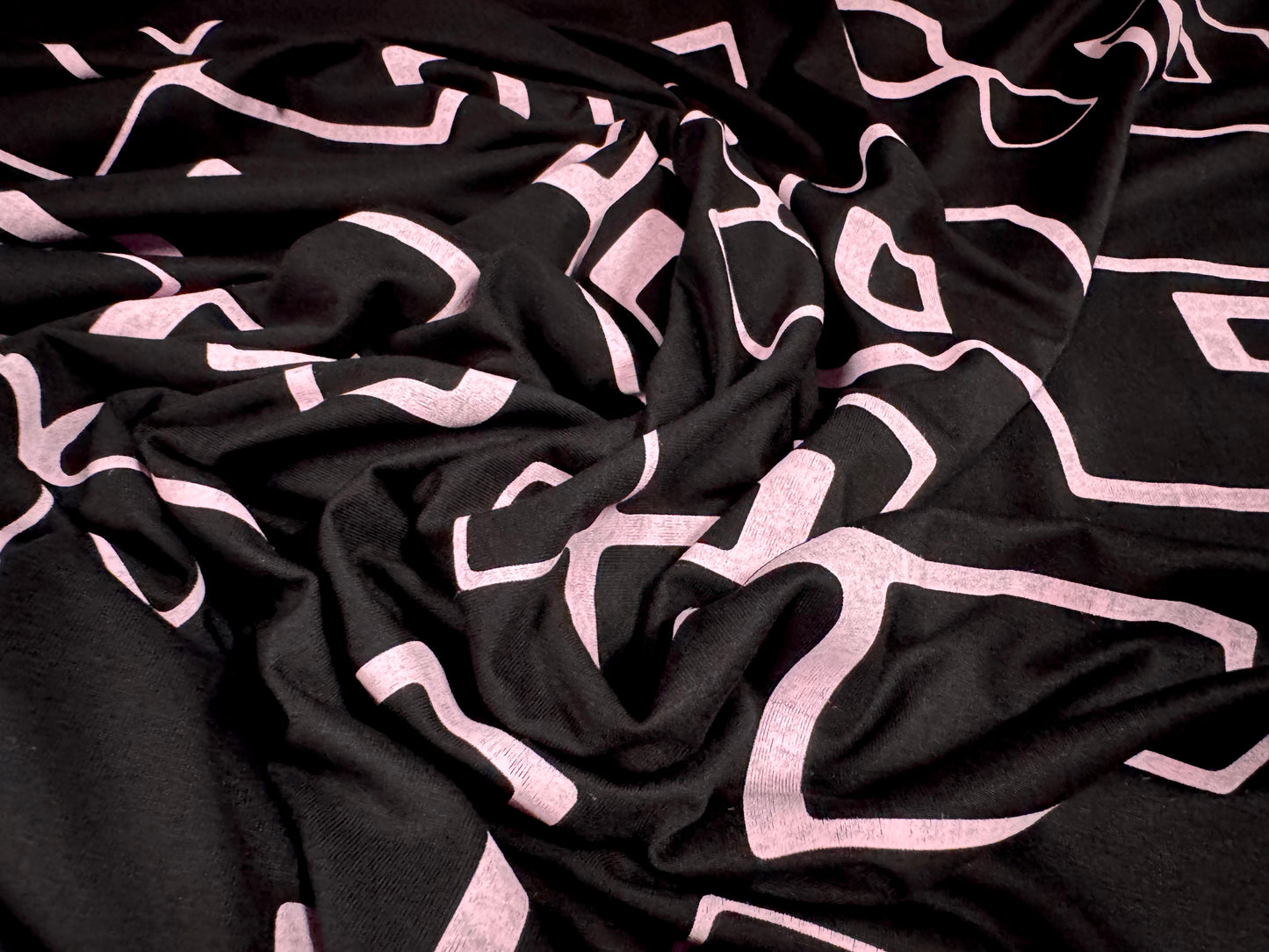 Viscose spandex stretch single Jersey Fabric, per metre - retro geometric print - black & pink