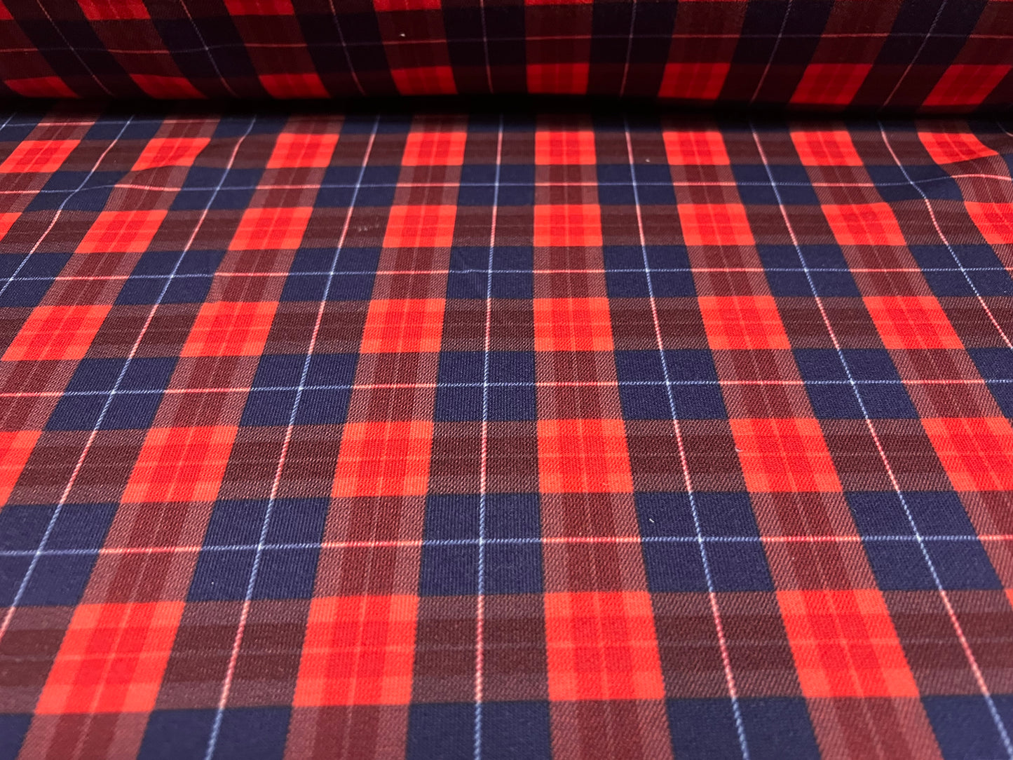 Soft stretch knitwear jersey fabric, per metre - tartan print - red & navy blue