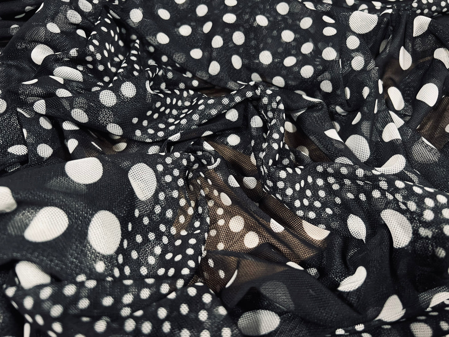 Power mesh net sheer stretch spandex fabric, per metre - swirl spots print - black & white