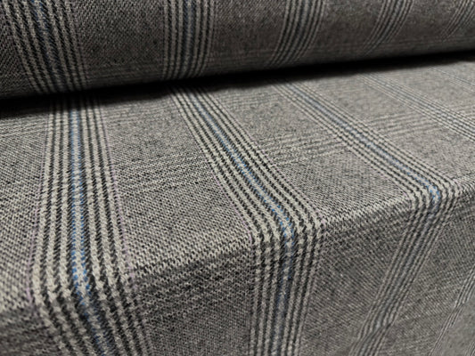 Wool flannel fabric, per metre - Prince Of Wales check - grey & blue
