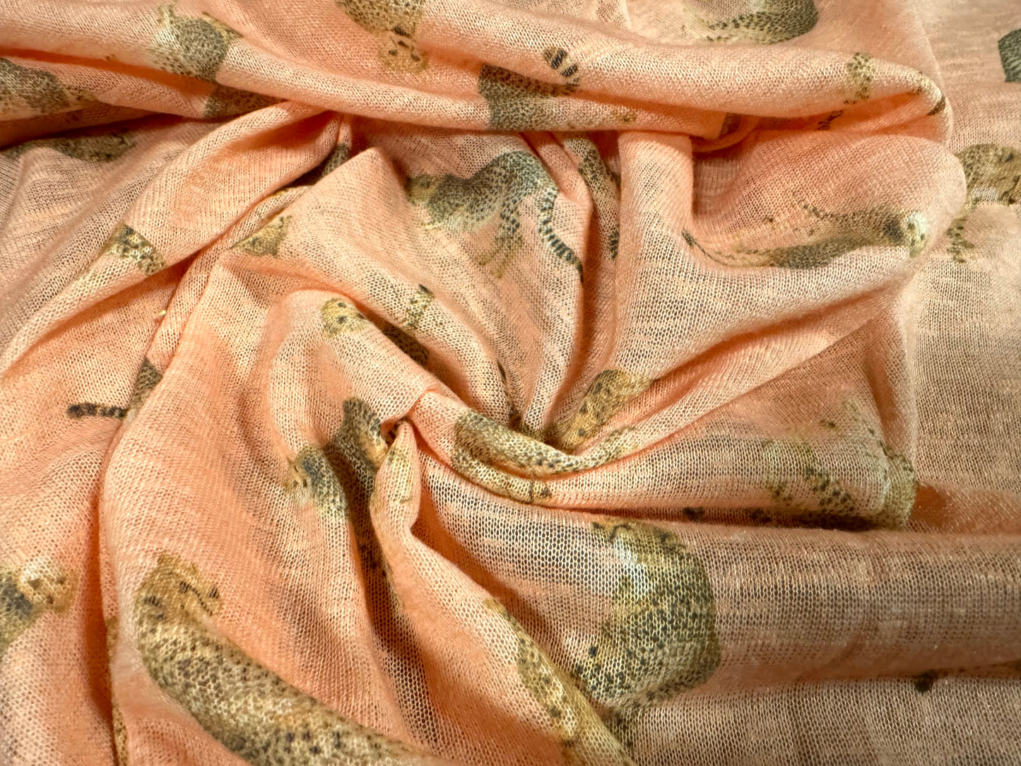 Thick & thin single jersey fashion fabric, per metre - leopard big cat print - peach & gold