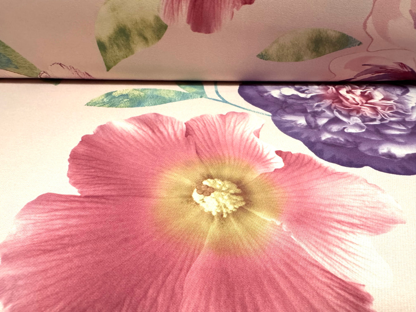Barcelona stretch woven dress fabric, per metre - jumbo flower print - light pink & lilac
