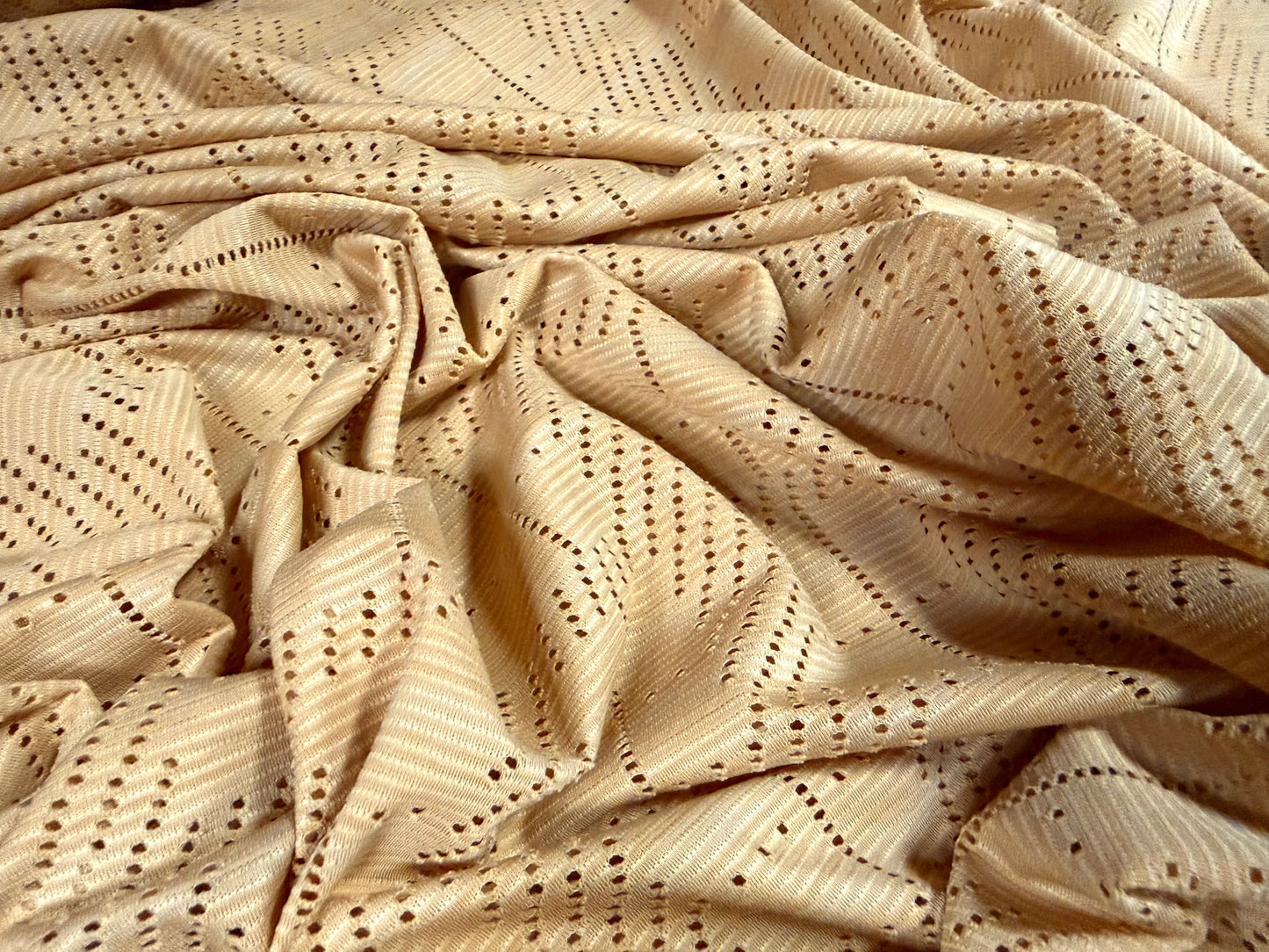 Stretch jersey fashion fabric, per metre - perforated plaid design - beige