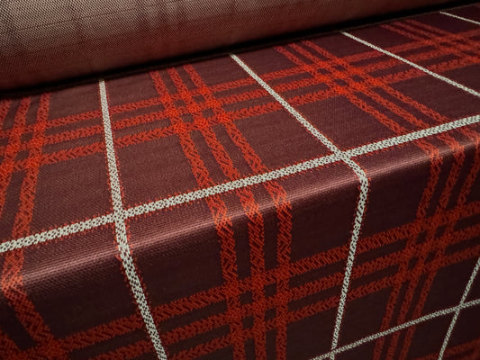 Stretch double jersey fabric, per metre - tartan check jacquard - burgundy