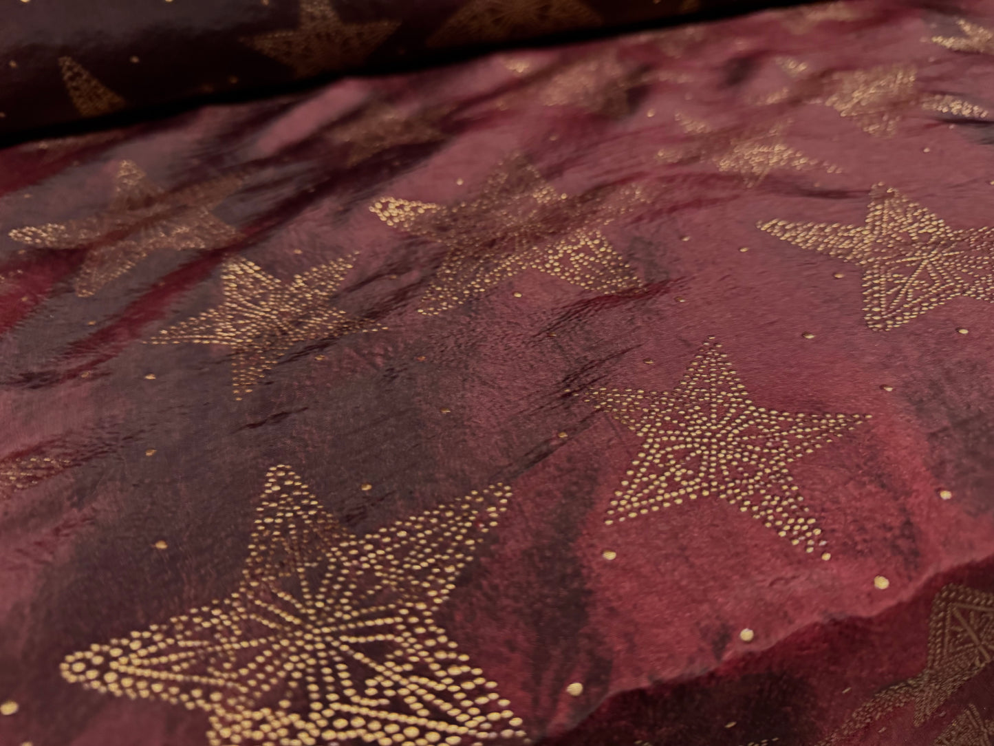 Taffeta faux silk fabric - metallic stars print - burgundy & gold