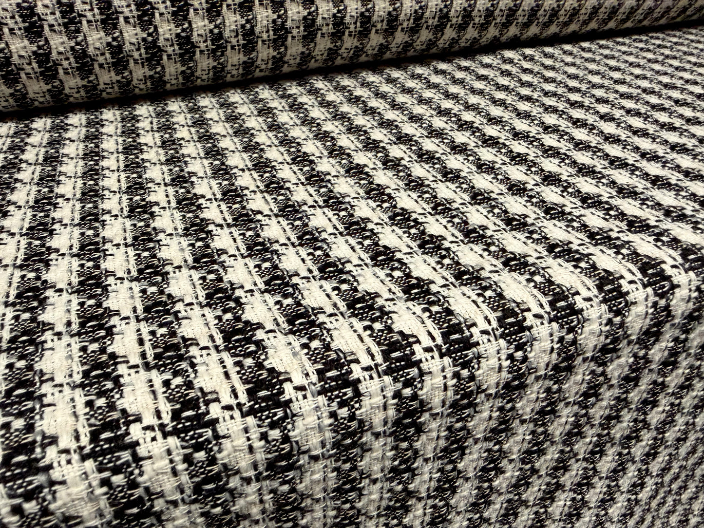 Wool bouclé fabric, per metre - stylised stripe - black & ivory