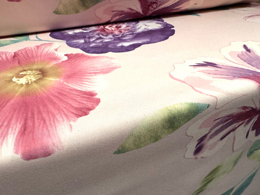 Barcelona stretch woven dress fabric, per metre - jumbo flower print - light pink & lilac