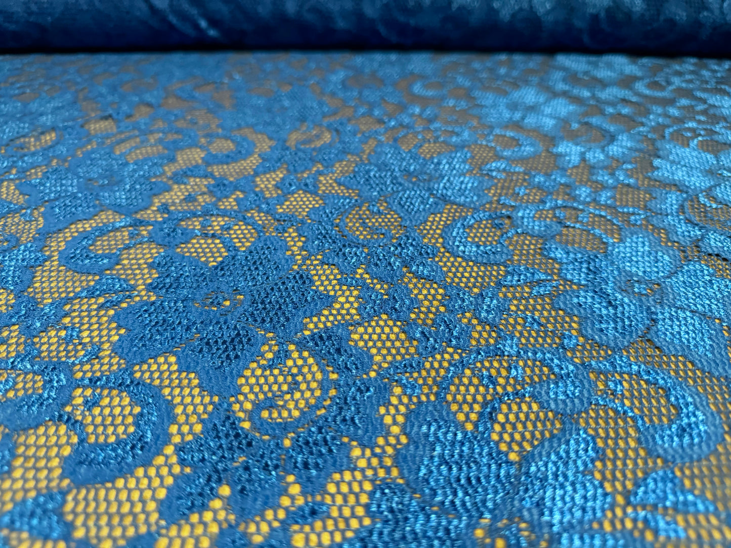 Stretch spandex lace dress fabric with scalloped selvedge, per metre - floral - cobalt blue