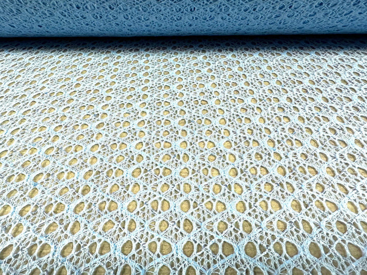 Crochet knit lace dress fabric with sequins, per metre - sky blue