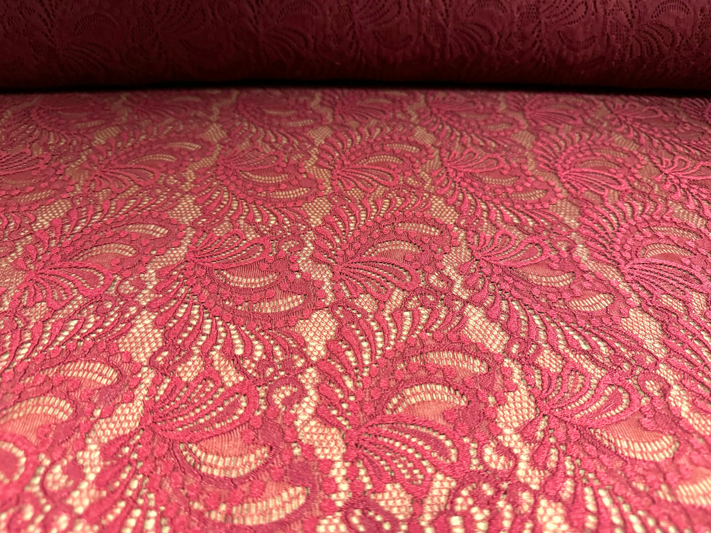 Soft stretch lace fabric, per metre - scalloped selvedge - paisley leaf - wine