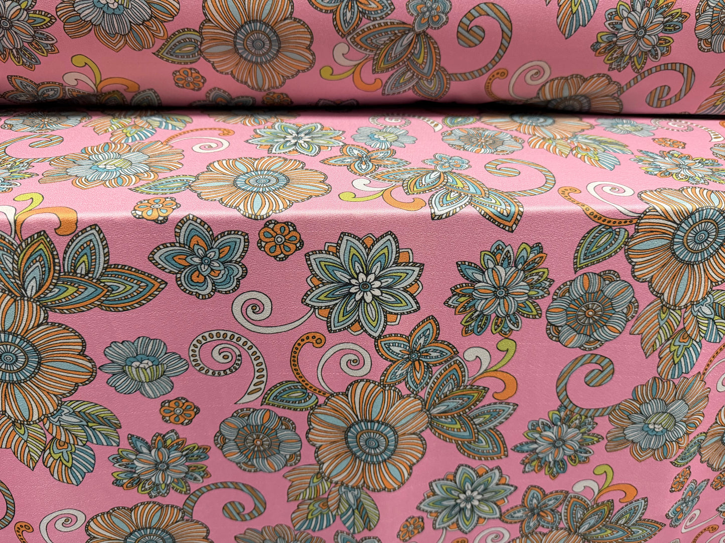 Stretch spandex crepe jersey fabric, per metre - retro floral print - pink & turquoise