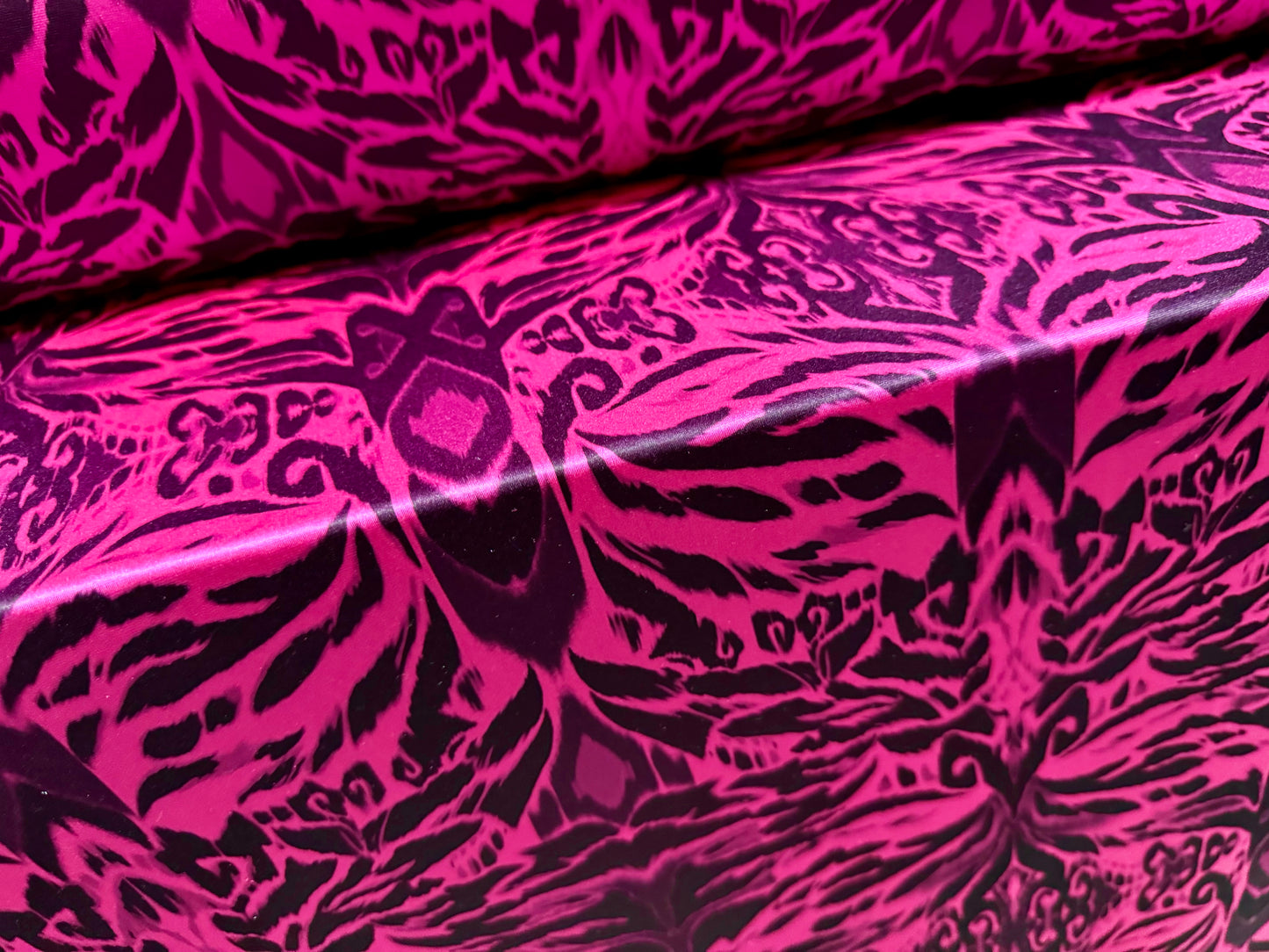 Swimwear stretch spandex jersey fabric, per metre - psychedelic damask print - hot cerise pink