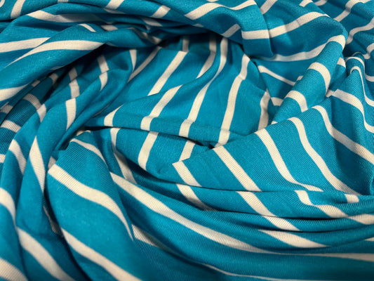 Viscose spandex stretch single jersey fabric, per metre - stripe - turquoise & white